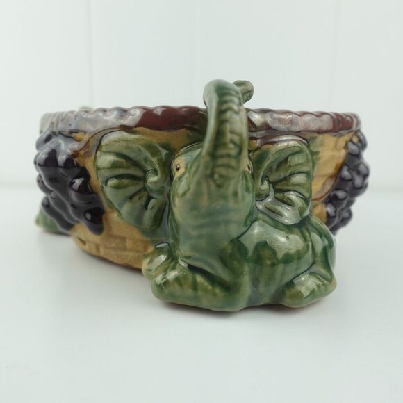 Majolica Art Pottery Elephant & Grapes Planter Glazed Planter Pot Bowl - Picture 5 of 14